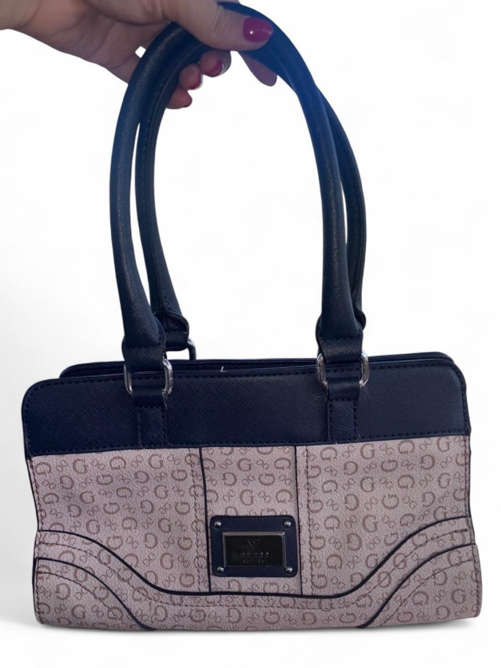 Guess Beige Monogram Shoulder Bag with Black Trim